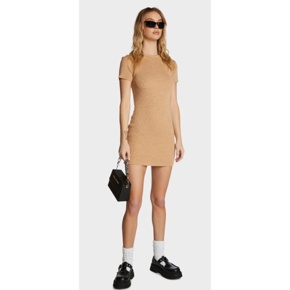2/$30 Lioness Giselle Ribbed Bodycon Short Sleeve Tan‎ Sweater Mini Dress Small - Picture 8 of 8